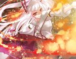  bow fire fujiwara_no_mokou hair_bow hair_ribbon inuinui long_hair looking_at_viewer red_eyes ribbon silver_hair smile solo suspenders touhou white_hair 