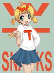  1girl 4chan blonde_hair character_name clothed female green_eyes skirt solo sweater twin_tails twintails wt_snacks 