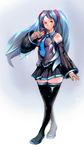  aqua_eyes aqua_hair detached_sleeves evil-ss hatsune_miku headphones headset long_hair necktie ribbon skirt solo thighhighs twintails very_long_hair vocaloid zettai_ryouiki 