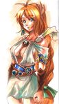  ahoge aqua_eyes armor armored_dress bad_id bad_pixiv_id blonde_hair bracelet breasts cleavage hair_ornament hair_ribbon jewelry large_breasts long_hair orange_hair ribbon somda sophitia_alexandra soulcalibur soulcalibur_iv traditional_media very_long_hair 