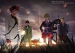  3boys adjusting_eyewear black_hair blonde_hair blue_eyes brown_hair clenched_hand glasses hand_on_hip kou_(pixiv649607) multiple_boys necktie red_hair tree umineko_no_naku_koro_ni ushiromiya_battler ushiromiya_george ushiromiya_jessica ushiromiya_krauss 