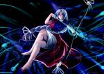  barefoot blue_eyes bow_(weapon) braid breasts crossed_legs dress feet hat impossible_clothes impossible_dress large_breasts legs long_hair qblade sitting solo thighs touhou trigram weapon yagokoro_eirin 