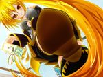  akita_neru blonde_hair breasts cellphone detached_sleeves feet foreshortening jpeg_artifacts large_breasts long_hair nironiro phone pov_feet side_ponytail skirt smile solo thighhighs very_long_hair vocaloid yellow_eyes zettai_ryouiki 