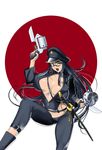  bad_id bad_pixiv_id black_hair boots breasts center_opening chain cleavage dual_wielding fang glasses gun hat holding jacket large_breasts long_hair original oxide_(artist) smile solo sword weapon yellow_eyes 