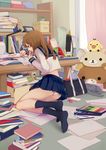  bad_id bad_pixiv_id bag book book_stack brown_eyes brown_hair chm food legs lips long_hair notebook oekaki_musume original panties pantyshot pen pocky school_uniform scissors serafuku socks solo stuffed_animal stuffed_toy tissue_box underwear 