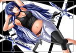  armpits arms_up breasts choker cleavage english kampfer kazuhiro_(tiramisu) large_breasts leggings long_hair midriff panties sangou_shizuku skirt solo tank_top underwear wardrobe_malfunction weapon 