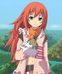  aqua_eyes belt gloves jacket long_hair looking_at_viewer midriff minayu navel open_clothes open_jacket red_hair rune_factory rune_factory_3 scarf smile solo toona 