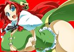  beret blue_eyes braid breasts china_dress chinese_clothes cleavage dress hat hong_meiling huge_breasts long_hair no_bra no_panties red_hair solo toudori touhou twin_braids 