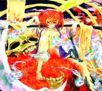  ast barefoot bridge coin flower highres looking_at_viewer navel one_eye_closed onozuka_komachi open_clothes red_eyes red_hair scythe short_hair skull smile solo spider_lily touhou two_side_up 