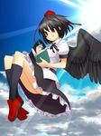  :q bad_id bad_pixiv_id black_hair black_legwear black_wings blush cloud day flying geta hat highres kneehighs light_rays looking_down notebook red_eyes shameimaru_aya short_hair skirt sky smile socks solo sunbeam sunlight tengu-geta tokin_hat tongue tongue_out touhou tsukumiya_amane wings 