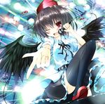  black_hair black_wings hat hoshikuzu looking_at_viewer microphone open_mouth red_eyes shameimaru_aya short_hair skirt smile solo thighhighs tokin_hat touhou wings zettai_ryouiki 