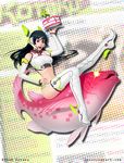  2010 ankle_wrap black_hair boots breasts cake detached_sleeves fish food hand_on_hip headset jason_chan koi kotaku kotaku-tan large_breasts mascot midriff navel official_art red_eyes smile solo thigh_boots thighhighs watermark web_address 