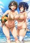  :o ;d arms_behind_back asanagi bad_id bad_twitter_id ball beach beachball belly bikini blue_eyes blue_hair blush breasts brown_eyes choker cleavage cloud contrapposto day green_hair groin hair_between_eyes hand_on_another's_shoulder heart highres hiryuu_(kantai_collection) jpeg_artifacts kantai_collection large_breasts looking_at_viewer matching_outfit multiple_girls navel ocean one_eye_closed open_mouth outdoors plump shadow short_hair side-tie_bikini skindentation sky smile souryuu_(kantai_collection) standing strap_gap swimsuit thighhighs twintails white_legwear 