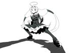  ahoge clenched_hands dress fighting_stance flat_chest forehead_jewel greyscale hair_tubes highres huge_ahoge killy_rock long_hair mary_janes monochrome neon_trim pantyhose shoes solo spot_color under_night_in-birth vatista very_long_hair 