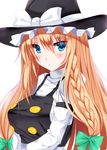  absurdres blonde_hair blush bow braid breasts derivative_work hair_bow hat hat_bow henet_hene highres kirisame_marisa large_breasts long_hair looking_at_viewer nori_tamago solo touhou upper_body white_background white_bow witch_hat 