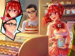  1girl audrey_belrose breasts cake cleavage cleavage_cutout cut-in dress food frilled_dress frills glasses huniepop kaskia large_breasts long_hair red_eyes red_hair shop sleeveless sleeveless_dress smile 