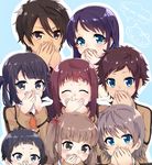  4girls black_eyes black_hair blue_eyes blue_hair brown_hair closed_eyes covering_mouth folded_hair grey_hair hair_rings hiradaira_chisaki hisanuma_sayu isaki_kaname kihara_tsumugu long_hair mukaido_manaka multiple_boys multiple_girls nagi_no_asukara reina_(leinqchqn) sakishima_hikari school_uniform shiodome_akira shiodome_miuna short_hair twintails 