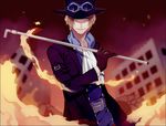  blonde_hair blue_eyes fire gloves goggles goggles_on_headwear hat lead_pipe male_focus one_piece sabo_(one_piece) scar scar_across_eye smile solo spoilers too_mizuguchi top_hat 