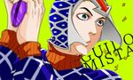  argyle argyle_sweater black_eyes blurry character_name depth_of_field guido_mista gun hadashi_(sgsm070911) hat holding holding_weapon jojo_no_kimyou_na_bouken open_mouth sex_pistols_(stand) stand_(jojo) sweater upper_body weapon 