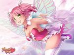  bare_shoulders blush breasts bridal_gauntlets cleavage commentary detached_collar fairy fairy_wings green_eyes hair_ornament hairclip huniepop kyu_sugardust large_breasts ninamo official_art pink_hair short_twintails showgirl_skirt smile solo thighhighs twintails watermark white_legwear wings 