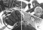  clenched_hand comic doujinshi greyscale highres imizu_(nitro_unknown) kazami_yuuka kirisame_marisa monochrome multiple_girls punching scan scan_artifacts sweat touhou translated white_background 