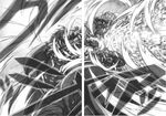  cape comic doujinshi explosion gloves greyscale highres imizu_(nitro_unknown) kazami_yuuka kirisame_marisa monochrome multiple_girls punching scan scan_artifacts touhou 