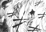  cape comic dodging doujinshi explosion greyscale highres imizu_(nitro_unknown) kazami_yuuka monochrome scan scan_artifacts solo touhou 