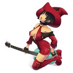  absurdres bare_shoulders black_hair bob_cut boots breasts detached_sleeves dress electric_guitar fingerless_gloves gloves green_eyes guilty_gear guitar hat highres i-no instrument killy_rock kneeling large_breasts mole mole_above_mouth plectrum red_footwear red_hat sexually_suggestive short_dress short_hair sideboob solo thigh_boots thighhighs tongue witch_hat 