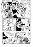  alice_margatroid bow capelet comic doll_joints gloves greyscale hair_bow hair_ribbon hairband hat highres hourai_doll kirisame_marisa monochrome multiple_girls polearm puppet_strings ribbon ryuuichi_(f_dragon) shanghai_doll shield spear touhou translated weapon witch_hat 