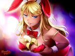  alternate_costume animal_ears banana bangs bare_shoulders between_breasts blonde_hair blue_eyes bow bowtie breast_squeeze breasts bunny_ears bunny_girl bunnysuit cleavage commentary detached_collar fake_animal_ears food fruit hair_ornament hairclip huniepop jessie_maye large_breasts leaning_forward lips long_hair mature naughty_face ninamo official_art pantyhose parted_bangs phallic_symbol sexually_suggestive smile solo watermark wrist_cuffs 