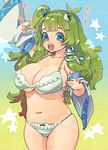  blue_eyes bra breasts cleavage detached_sleeves frog_hair_ornament green_hair hair_ornament highres huge_breasts kochiya_sanae long_hair navel panties plump side_ponytail snake solo touhou translated tsuutenkaaku underwear underwear_only white_bra white_panties 