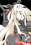  anchorage_hime black_gloves breasts cleavage elbow_gloves fire gloves hair_ornament head_tilt highres kantai_collection long_hair looking_at_viewer looking_back machinery manabebebe medium_breasts orange_eyes overexposure ringed_eyes shaft_look shinkaisei-kan solo turret underboob very_long_hair white_hair white_skin 