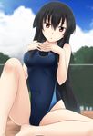 akame akame_ga_kill! alternate_costume bare_legs black_hair blurry blush breasts chain-link_fence cloud competition_swimsuit covered_navel day depth_of_field fence fuuma_nagi hair_between_eyes hands_on_own_chest long_hair looking_at_viewer medium_breasts one-piece_swimsuit red_eyes sitting sky solo swimsuit very_long_hair 