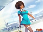  airport breasts brown_hair cleavage dark_skin dc-10 dress dutch_angle fishnet_legwear fishnets flight_attendant gloves grey_eyes half_gloves huniepop lola_rembrite medium_breasts neckerchief ninamo official_art ringlets short_dress short_hair solo stewardess suitcase thighhighs uniform walking watermark white_gloves 