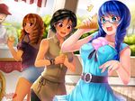  beli_lapran black_hair blue-framed_eyewear blue_eyes blue_hair blush braid breasts brown_hair casual commentary copyright_name dark_skin dojikko dress drill_hair fang food glasses heart huniepop ice_cream ice_cream_cone ice_cream_cone_spill kaskia large_breasts lola_rembrite long_hair miniskirt multiple_girls nikki_ann-marie off-shoulder_shirt official_art open_mouth promotional_art quad_drills red_eyes see-through semi-rimless_eyewear shirt short_hair skirt sleeveless soft_serve sweatdrop twin_braids under-rim_eyewear watermark wavy_mouth 