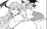  ass bad_id bad_twitter_id bat_wings breasts breath bridal_gauntlets face-to-face fangs greyscale hand_on_another's_hip head_wings implied_futanari kawakami_rokkaku large_breasts licking_lips lilith_aensland long_hair looking_back lying monochrome morrigan_aensland multiple_girls nipples nude sweat tongue tongue_out vampire_(game) wings yuri 