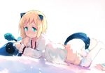  animal_ears ass bed blonde_hair elma_leivonen green_eyes looking_at_viewer lying ohashi_(hashidate) open_clothes open_shirt panties panty_pull shirt short_hair solo tail thighhighs underwear white_legwear world_witches_series 