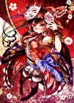 absurdres bad_id bad_pixiv_id black_legwear bow brown_hair detached_sleeves dress embellished_costume face_mask floral_print flower fox_mask hair_bow hair_flower hair_ornament hair_tubes hakurei_reimu highres looking_at_viewer mask oriental_umbrella red_dress red_eyes s-syogo sash smile solo thighhighs touhou umbrella wrist_cuffs zettai_ryouiki 