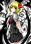  abstract_background arms_behind_back bad_id bad_pixiv_id blonde_hair hair_ribbon highres hitotsuki_nebura pleated_skirt puffy_short_sleeves puffy_sleeves red_eyes ribbon rumia shirt short_hair short_sleeves skirt smile touhou vest 