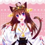  ahoge animal_ears bad_id bad_pixiv_id brown_hair cat_ears cat_tail collar detached_sleeves door_to_heaven hairband heart heart-shaped_lock heart_lock_(kantai_collection) japanese_clothes jewelry kantai_collection kemonomimi_mode kongou_(kantai_collection) lock long_hair looking_at_viewer necklace nontraditional_miko open_mouth purple_eyes ribbon solo star tail wide_sleeves 