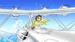  aircraft airplane blonde_hair cat cloud day dress frills h6k highres military original seaplane sky solo suzushiro_(gripen39) 