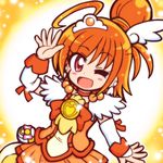  ;d ahoge arm_warmers bow bowtie brooch choker cure_sunny earrings guardias hair_bun hair_ornament hairpin hino_akane_(smile_precure!) jewelry magical_girl one_eye_closed open_mouth orange_(color) orange_choker orange_hair orange_neckwear orange_skirt precure red_eyes short_hair skirt smile smile_precure! solo 