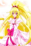  aida_mana alternate_costume alternate_hair_length alternate_hairstyle blonde_hair blush bow cure_heart cure_heart_engage_mode curly_hair detached_sleeves dokidoki!_precure dress eyelashes hair_flip hair_ornament half_updo happy heart heart_hair_ornament huge_bow long_hair looking_at_viewer magical_girl namizou pink_bow pink_dress pink_eyes ponytail precure ribbon smile solo standing very_long_hair 