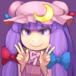  blue_bow bow crescent double_v hat highres hospital_king long_hair long_sleeves mob_cap patchouli_knowledge pink_ribbon purple_background purple_eyes purple_hair red_bow ribbon smile solo touhou v 