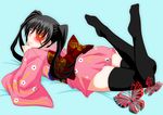  ass bandages bed black_hair black_legwear blush bug butterfly eyepatch flower_eyepatch gintama highres insect japanese_clothes kimono legs legs_up lying obi on_stomach red_eyes sash solo tatsuya_(guild_plus) thighhighs twintails wavy_mouth yagyuu_kyuubei 