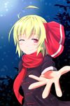  ;) blonde_hair chinese_clothes foreshortening hair_ribbon highres one_eye_closed red_eyes ribbon rumia s-ghost scarf short_hair smile solo touhou 