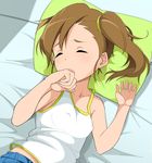  bare_arms bare_shoulders bed breasts brown_hair camisole closed_eyes collarbone covered_nipples futami_mami haseneko idolmaster idolmaster_(classic) lying open_mouth pillow side_ponytail small_breasts solo 