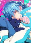  bad_id bad_pixiv_id blue_hair coat dog dramatical_murder highres long_hair male_focus ren_(dramatical_murder) seragaki_aoba smile yellow_eyes yuta_arata 