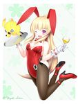  ;d animal_ears bad_id bad_pixiv_id bow bowtie bunny_ears bunny_tail bunnysuit character_request cup detached_collar drinking_glass gloves goblet long_hair one_eye_closed open_mouth pantyhose phantasy_star phantasy_star_online_2 smile tail tray wine_glass yazaki_shion 