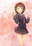  amami_haruka black_serafuku blush brown_hair green_eyes hair_ribbon idolmaster idolmaster_(classic) laki open_mouth ribbon school_uniform serafuku short_hair skirt smile solo 